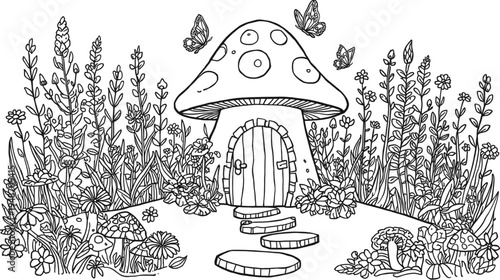 Whimsical Mushroom House with Butterflies in a Detailed Outline Illustration