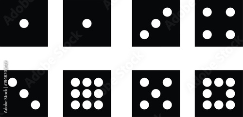 Dice, face, icons, set, black, square, white, dots, casino, board, game, random, number, probability, gambling, minimal, vector, symbol, isolated, collection
