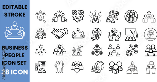 Business people icons set: teamwork, meeting, success, collaboration, leadership symbols
