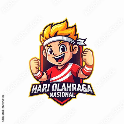 Cheerful cartoon mascot athlete with headband raising fists for Hari Olahraga Nasional