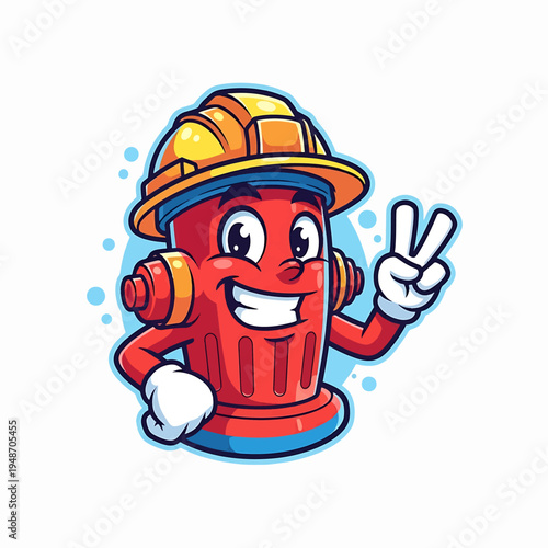 Fire Hydrant Mascot with Construction Helmet Making Peace Sign