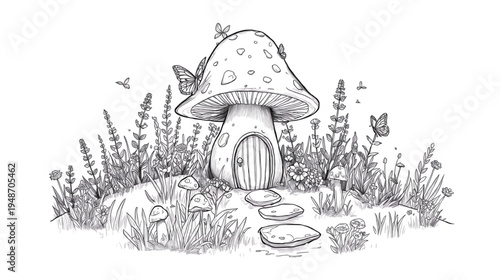 Mushroom House Surrounded by Whimsical Garden Plants and Flying Butterflies