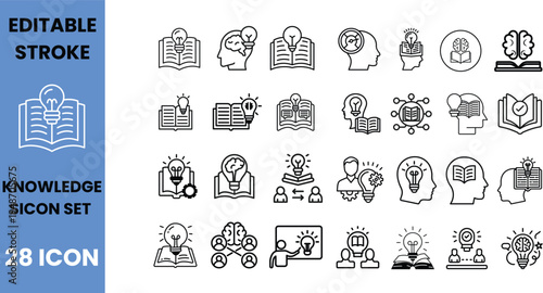 Knowledge icon set: open book, brain, learning, education, idea symbols, knowledge base