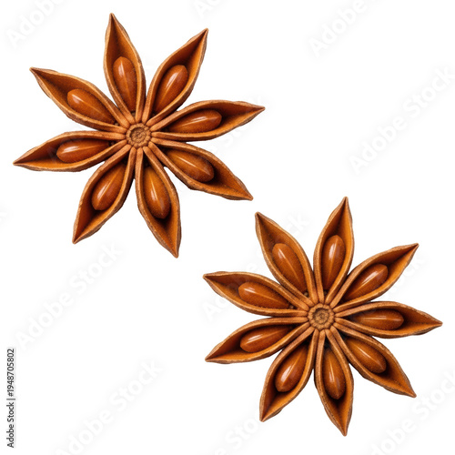 Three dried star anise pods, symmetrical with eight segments and glossy seeds, top-down on a transparent background with ample copy space. Concept of aromatic culinary spice.