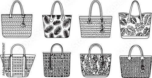 Assorted woven handbags showcasing various intricate patterns and designs. Vector