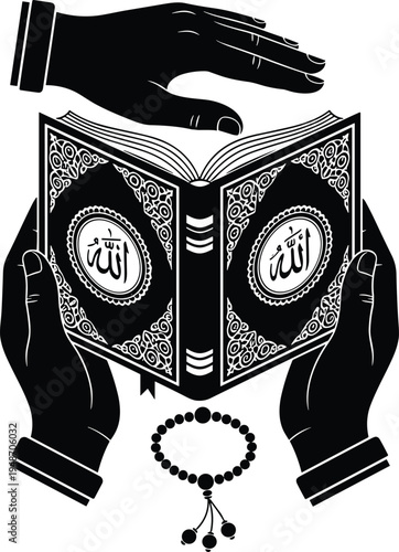 Hands holding holy Quran with prayer beads, Islamic worship concept, Ramadan spirituality symbol, Muslim prayer devotion, religious vector illustration