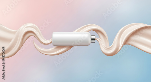 Elegant white cosmetic bottle with flowing cream background product presentation.