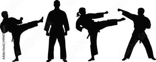 Karate, martial, arts, fighter, kick, punch, training, combat, selfdefense, sport, athlete, silhouette, action, technique, dojo, vector, icon, isolated, set, collection