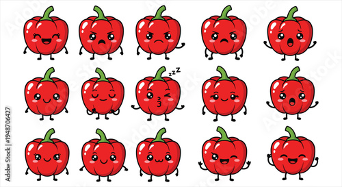 Cute Bell Pepper Character Emote Sticker Set, Kawaii Capsicum Vegetable Mascot Emoji Pack, Cartoon Food Reaction Icons Vector