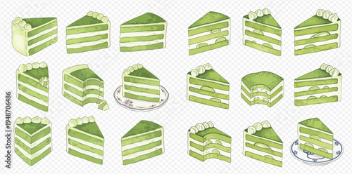 Collection of watercolor matcha green tea cake slices with cream frosting, isolated on transparent background.