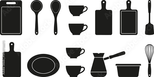 Collection of black kitchenware silhouettes featuring cutting boards, coffee cups, spoons, whisk, spatula, and cezve for cooking, dining, and restaurant design.