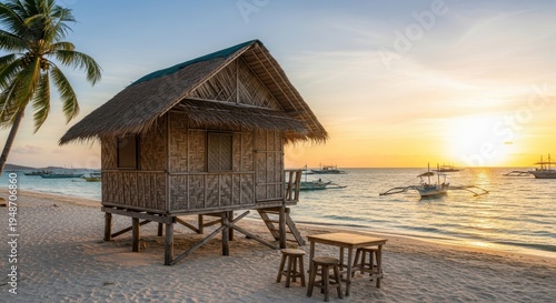Tropical beach hut at sunset in Boracay, Philippines.