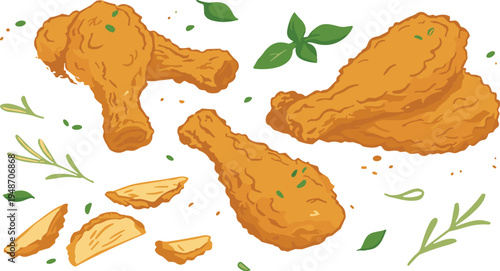 Fried chicken drumsticks illustration, food vector, snack clipart, meal design, crispy motif, fast food icon, comfort symbol, tasty graphic, concept art