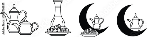 Ramadan, kareem, islamic, tea, pot, dates, crescent, moon, iftar, ramadan, arabic, drink, food, muslim, celebration, tradition, outline, icon, vector, set