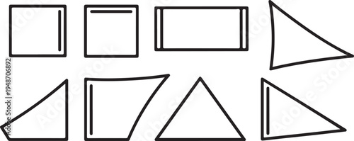 Various geometric shapes with different orientations and line styles. Vector