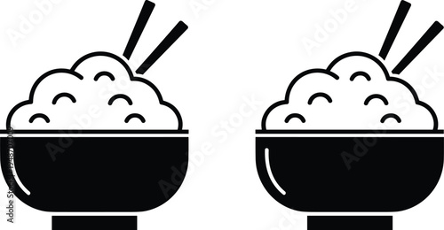 Rice, bowl, chopsticks, food, asian, meal, cuisine, dinner, lunch, cooking, restaurant, nutrition, staple, icon, symbol, vector, silhouette, isolated, simple, set