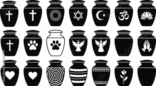 Collection of cremation urn silhouettes featuring religious symbols, pet paw prints, angel wings, and decorative patterns for funeral and memorial service designs,