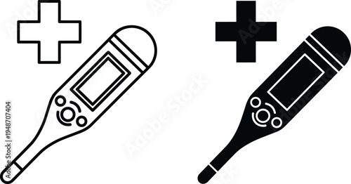 thermometer, medical, health, temperature, fever, healthcare, clinic, hospital, device, measurement, medicine, diagnostic, digital, symbol, cross, doctor, check, tool, icon, illustration