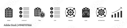 Workflow Icon Set. Icon set includes Order, Checklist, Task, Step, Process, Plan, Automation, Progress.