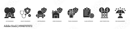 Insurance Icon Set. Icon set includes Life Insurance, Health Insurance, Car Insurance, Home Insurance, Travel Insurance, Claim Approved, Asset Protection, Risk Management.