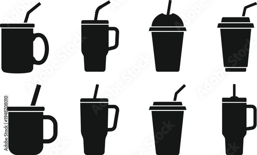 Drink cup silhouette set, reusable tumbler icon collection, coffee mug vector illustration, plastic smoothie cup with straw, take away beverage icons, insulated travel mug, cafe drinkware elements.