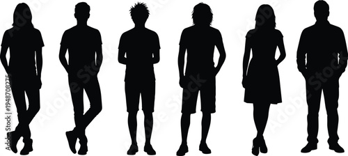 Group of people silhouettes standing together, men and women casual figures, black shadow characters isolated on white background