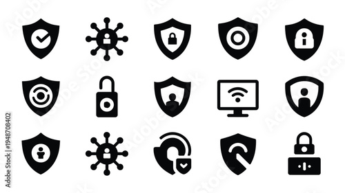 Bundle of secure network icons in silhouette style including shields locks and virus symbols for cybersecurity and protection concepts