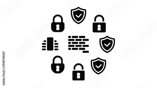 Collection of black silhouette security icons including locks shields and firewall symbols on white background for cybersecurity and protection concepts