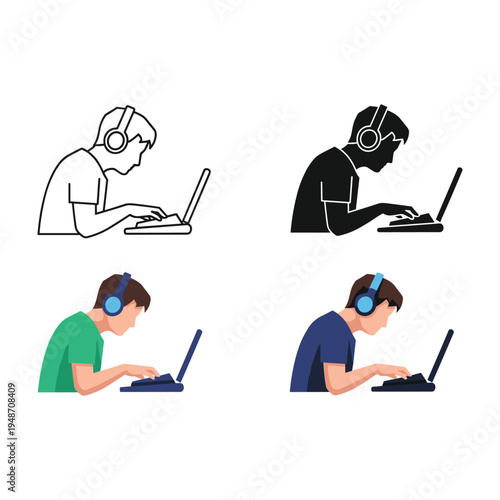Man working on laptop at office desk cartoon illustration