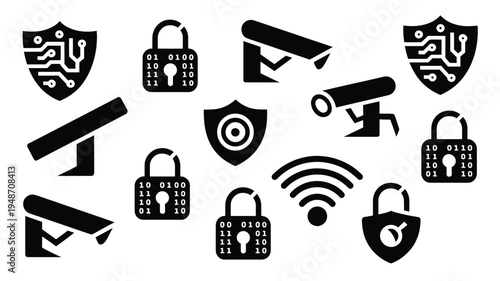 Black vector silhouettes of security icons including locks shields and cameras on white background for cybersecurity and protection concepts