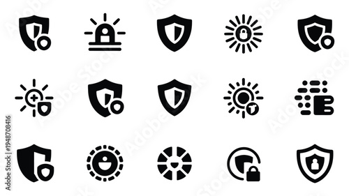 Cyber defense icons set including shield protection and security symbols in black silhouette on white background for software network and data safety concepts