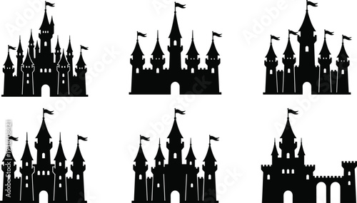Medieval royal castle silhouette set, fairytale fortress icon collection, kingdom palace architecture vector, fantasy magic empire building, dark gothic citadel elements.