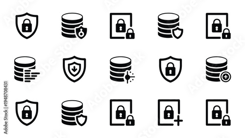 Bundle of data protection icons with locks and shields on white background for cybersecurity concepts