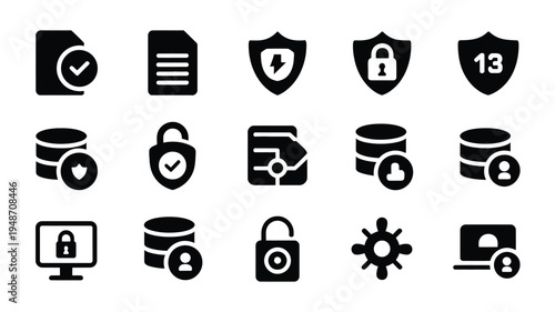 Bundle of data protection icons with locks shields and checks on white background for cybersecurity concepts