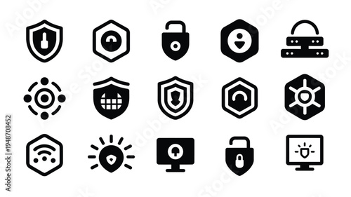 Bundle of network and cybersecurity icons in black silhouette on white background for digital security concepts