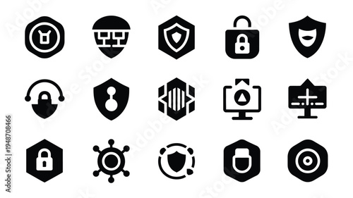 Bundle of network and cybersecurity icons in black silhouette on white background for digital security concepts
