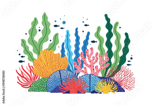 Vibrant underwater coral reef scene with diverse marine plants and small fish swimming in clear blue water, perfect for oceanographic and natural beauty themes
