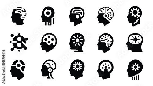 Futuristic brain and head silhouette icons set with gears cogs and technology symbols for business innovation and science concepts on white background