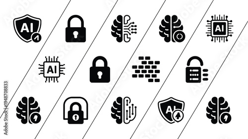 Collection of 12 black vector silhouettes of ai security and technology icons on white background
