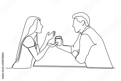 Continuous one line art of young happy male and female couple doing romantic date and dinner together at coffee shop.  One line draw design graphic illustration.