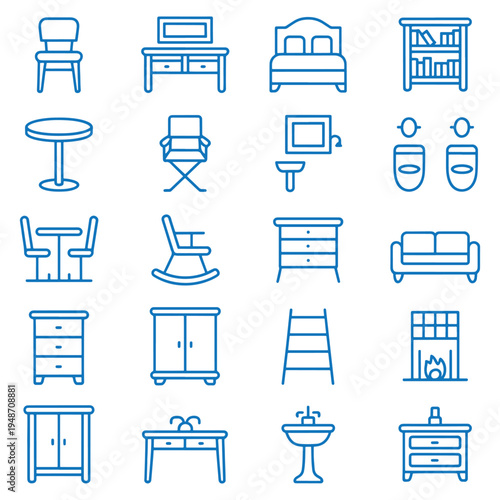 A comprehensive collection of twenty blue line icons representing various household furniture pieces