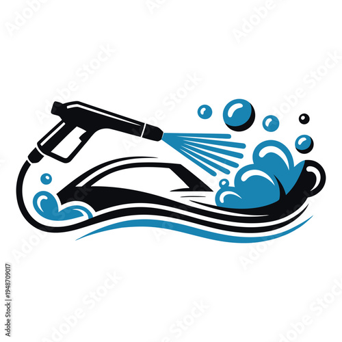 A professional car wash logo featuring a high pressure water spray gun and abstract blue bubbles