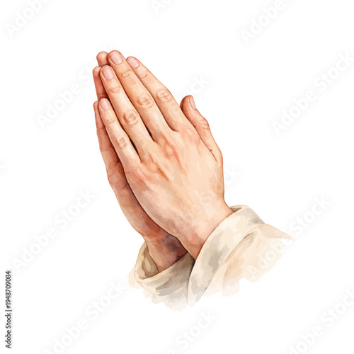 A watercolor vector of hands clasped in prayer for faith illustrations, religious symbolism designs, and spiritual devotion artwork.
