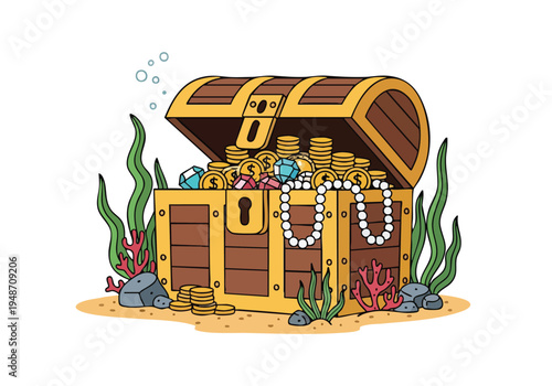 Vintage treasure chest overflowing with gold coins and shiny jewels, submerged underwater surrounded by seaweed and coral