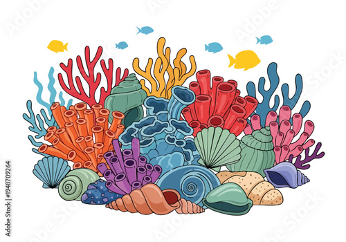 Vibrant Coral Reef Ecosystem with Diverse Marine Life and Seashells, A Splash of Underwater Beauty