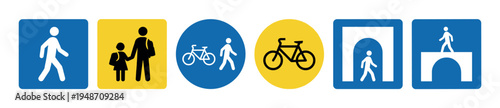 Road signs vector icon set featuring pedestrian, adult and child, bicycle, pedestrian tunnel, and pedestrian bridge, presented in solid glyph and flat color illustration styles
