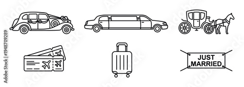 Wedding honeymoon travel vector icon set featuring wedding car, limousine, horse carriage, airplane ticket, suitcase, and just married banner, presented in outline and minimalist illustration styles