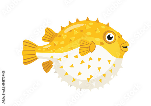 Adorable Yellow Pufferfish Illustration with Spikes and Fins, Perfect for Aquatic Life and Wildlife Themes