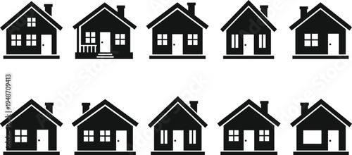 Set of black house silhouettes featuring various cottage and suburban home icons for real estate, property management, construction, and architecture,
