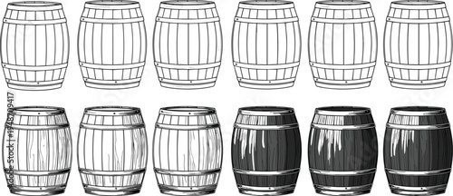 Set of wooden barrel icons featuring line art, sketched, and shaded styles for wine, whiskey, beer, brewery, and cellar storage concepts.